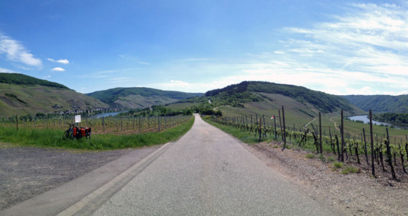 Wespentaille: Der Bergrücken ist hier ganz schmal. Geradeaus liegt Zell, wo die Mosel eine Schleife zieht und sich dann hier selbst begegnet.